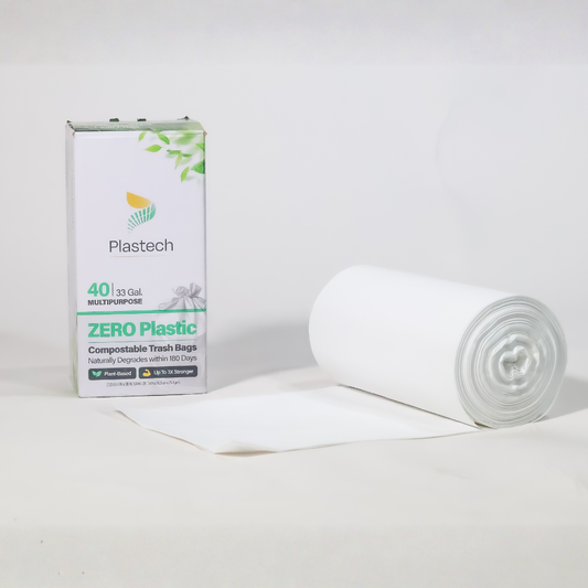 33 Gallon Trash Bags with Flap-Tie -  40 Count, Zero Plastic, Certified Home Compostable, Plant-Based, 32 x 38 inches, White